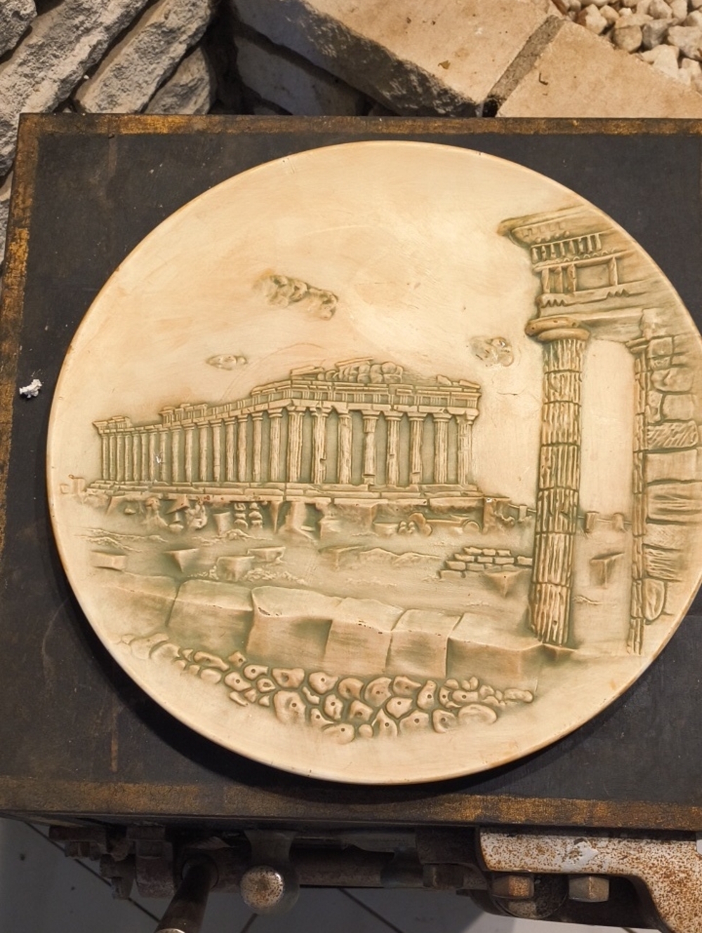 Decorative Grecian Relief Wall Plaque in Antique Cream And Green 12in.